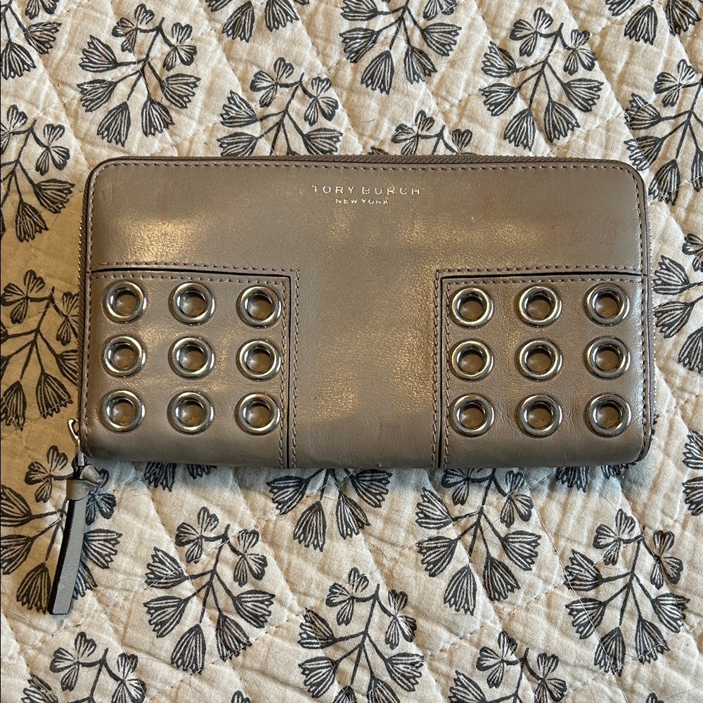 Tory Burch Taupe Wallet with Eyelet Accents